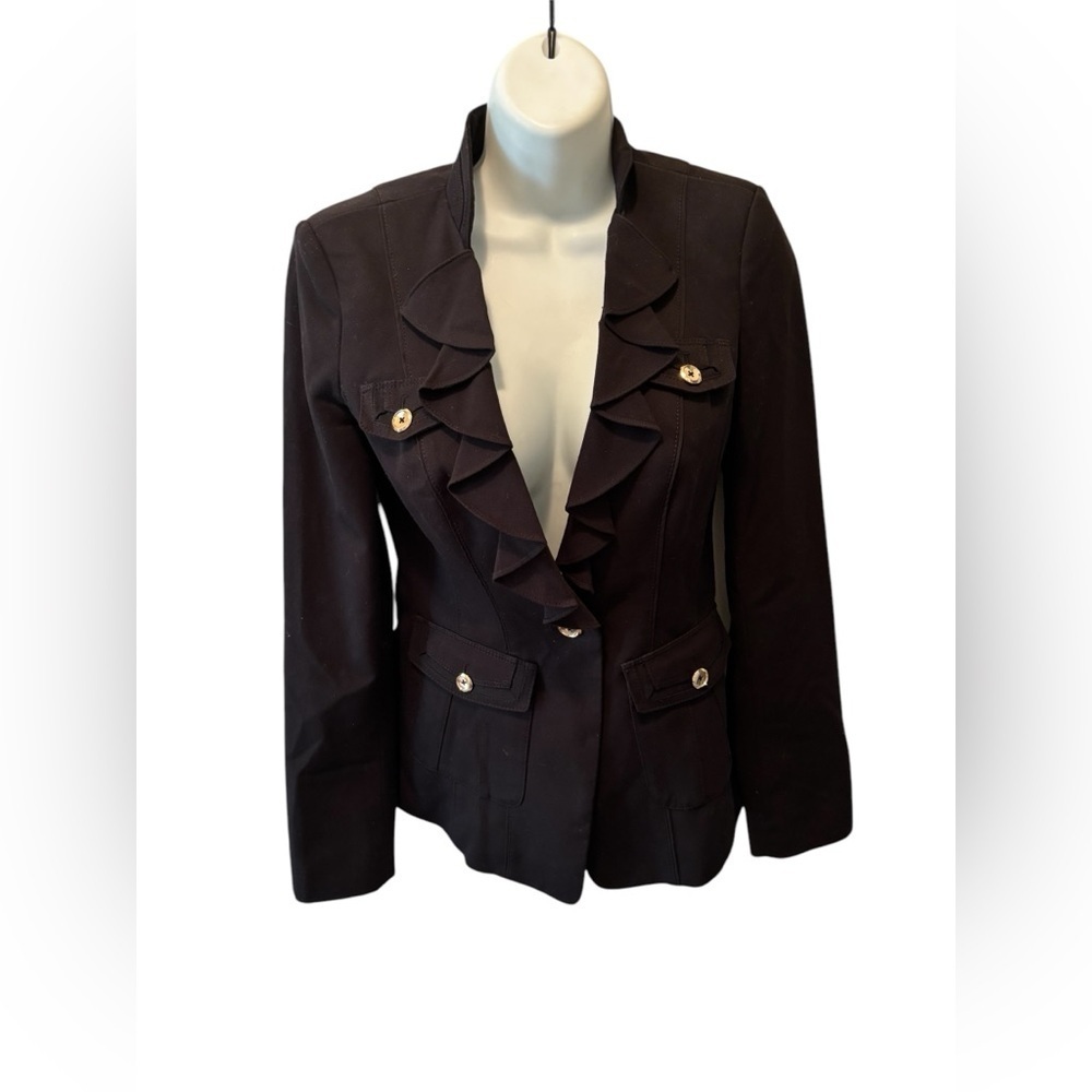 WHBM Black Ruffle Elegant One Button Blazer Sz 00 Tailored Fit Pockets Regency